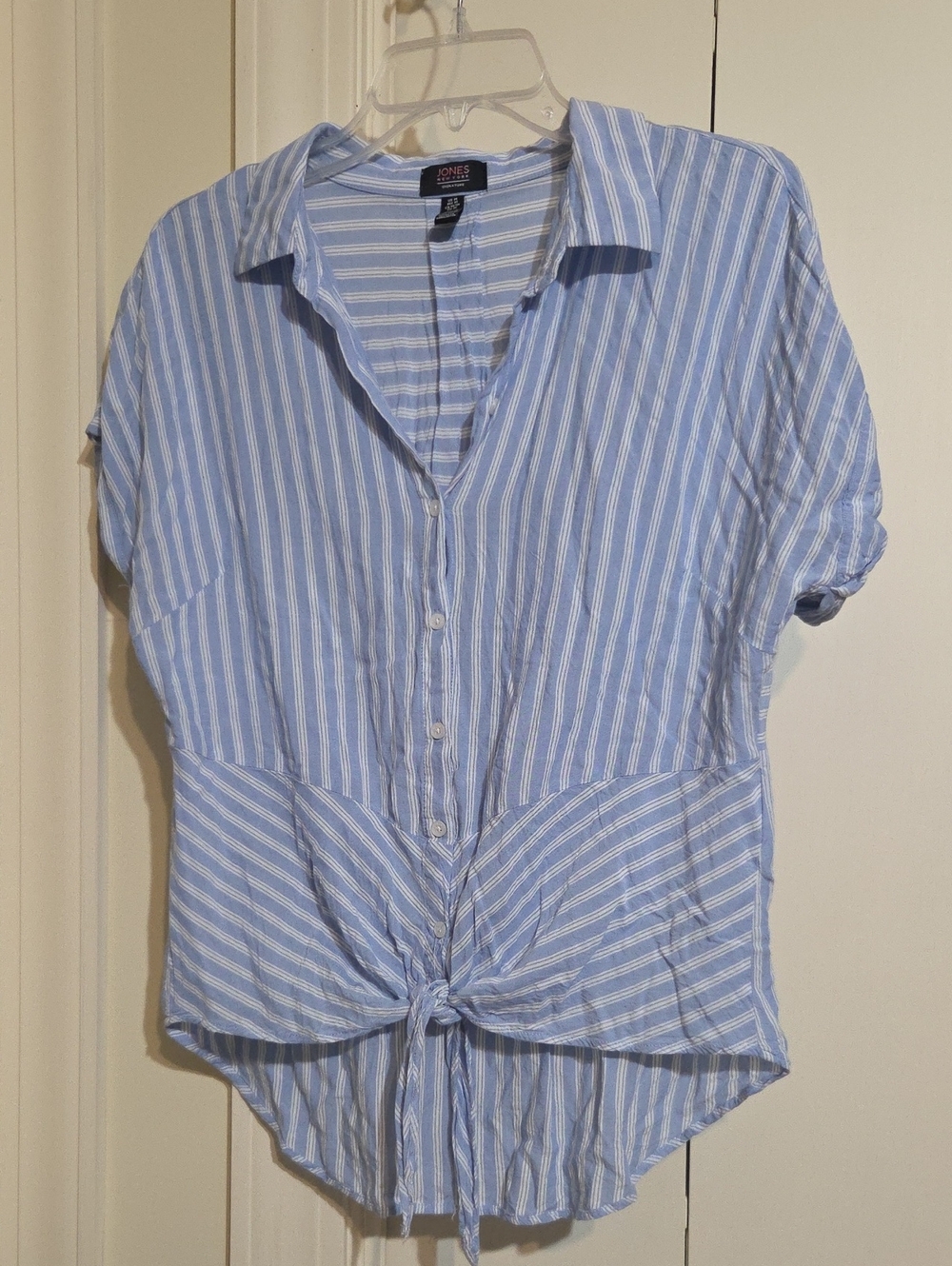 Jones New York Signature Blue and White Striped Tie-Front Button Shirt